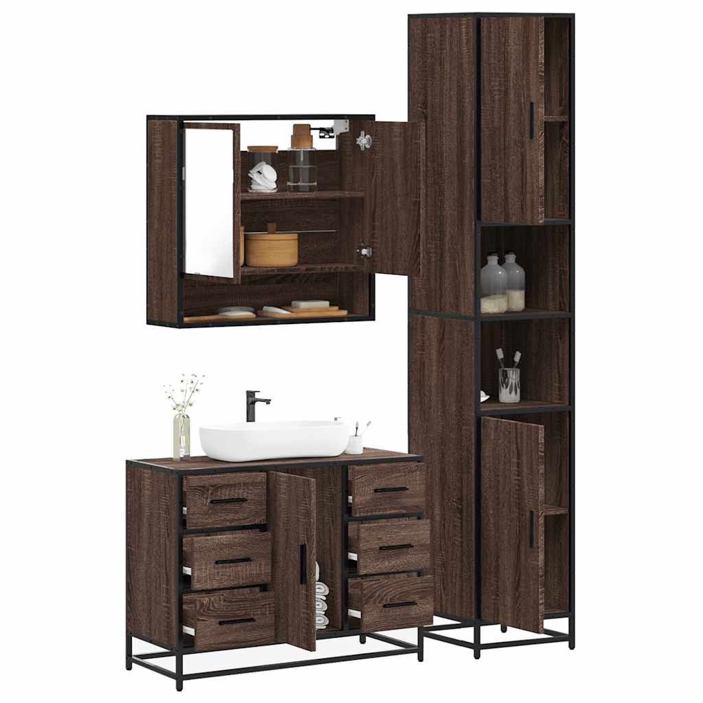 Vetonek Set de muebles baño 3 pzas madera contrachapada roble marrón