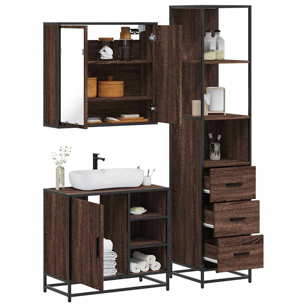 Vetonek Set de muebles baño 3 pzas madera contrachapada roble marrón