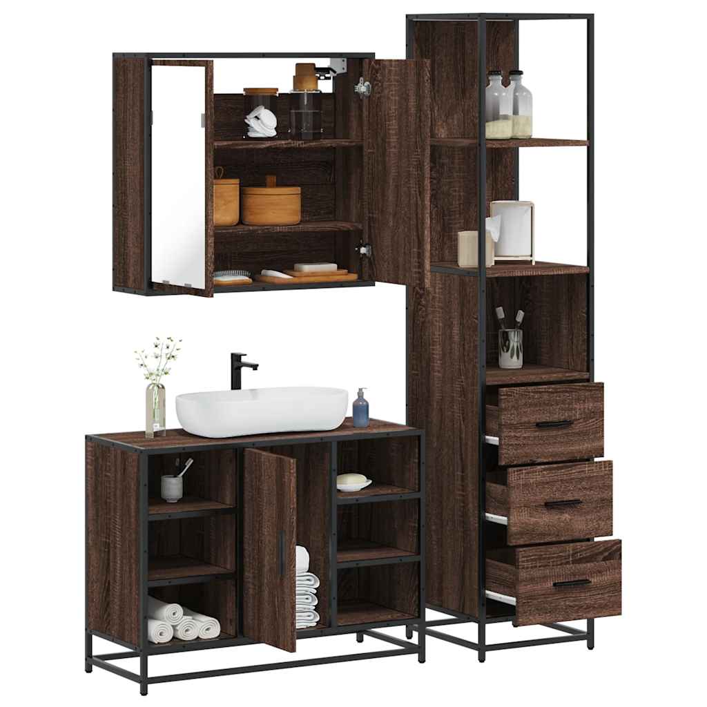 Vetonek Set de muebles baño 3 pzas madera contrachapada roble marrón