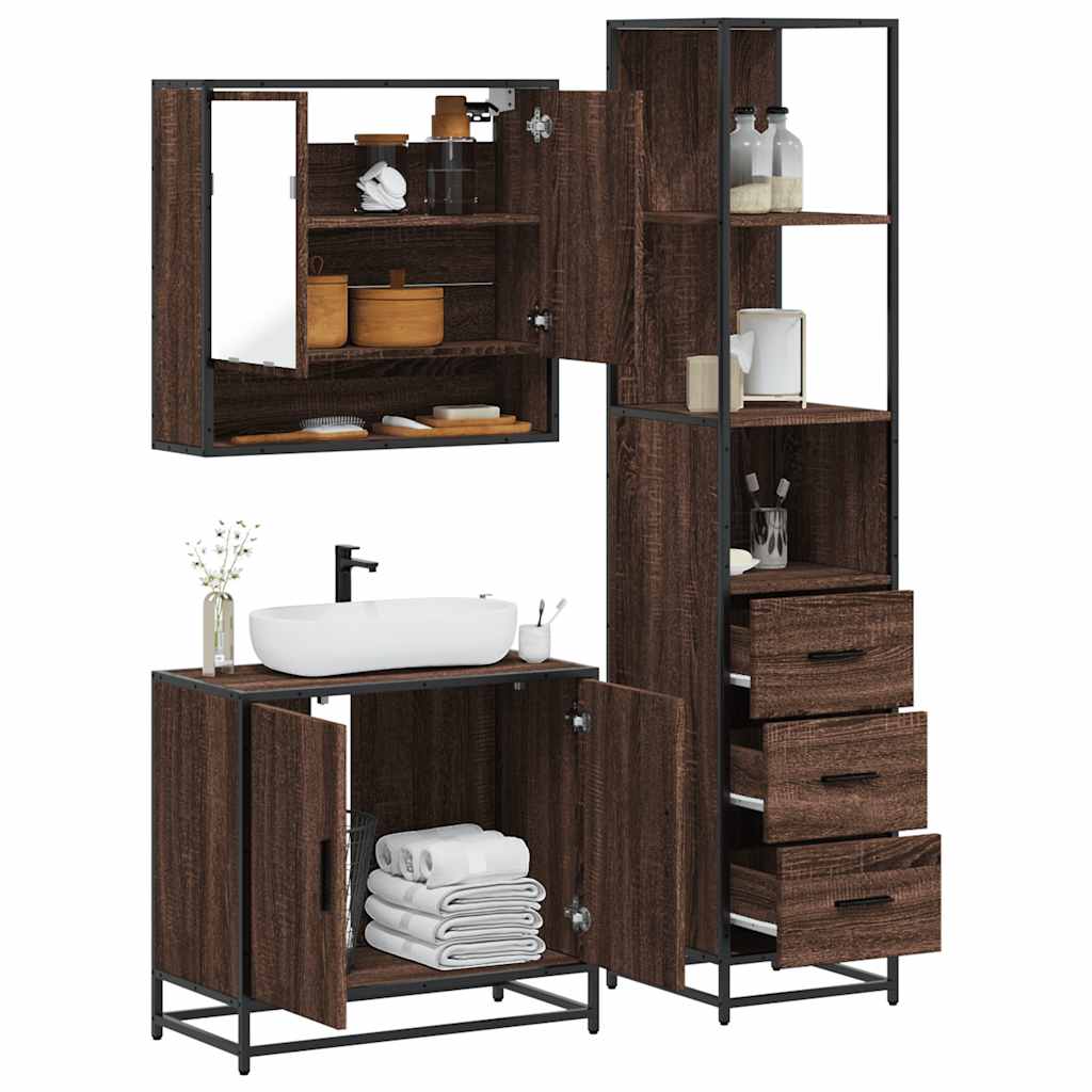 Vetonek Set de muebles baño 3 pzas madera contrachapada roble marrón