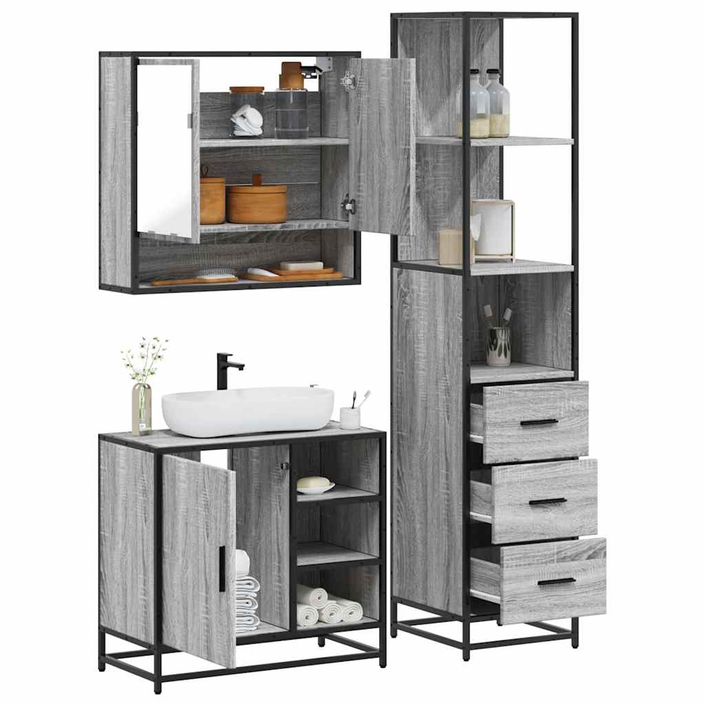 Vetonek Set de muebles de baño 3 pzas madera contrachapada gris sonoma