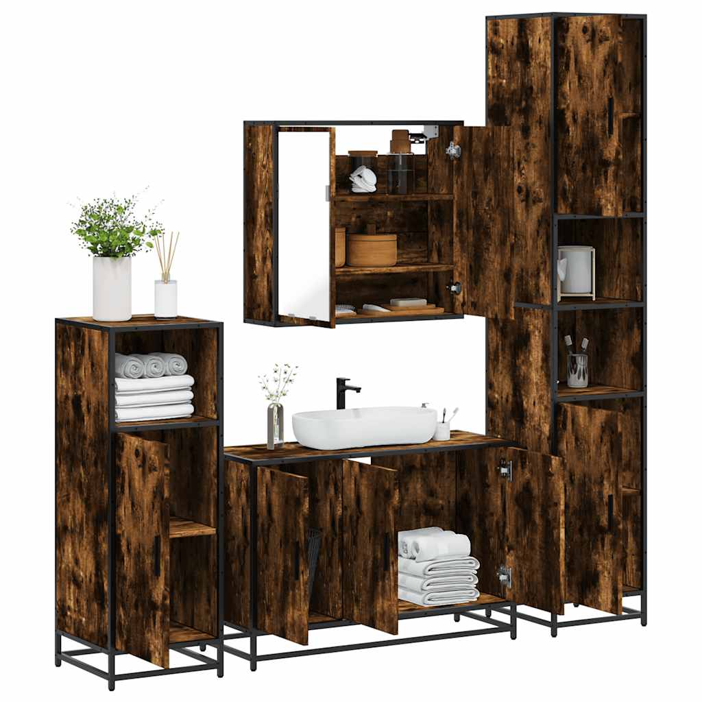 Vetonek Set de muebles baño 4 pzas madera contrachapada roble ahumado