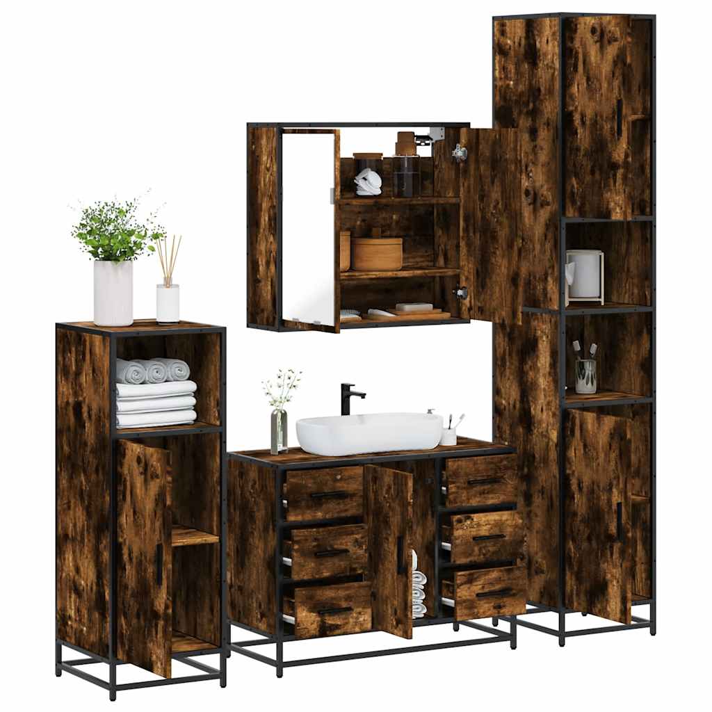 Vetonek Set de muebles baño 4 pzas madera contrachapada roble ahumado