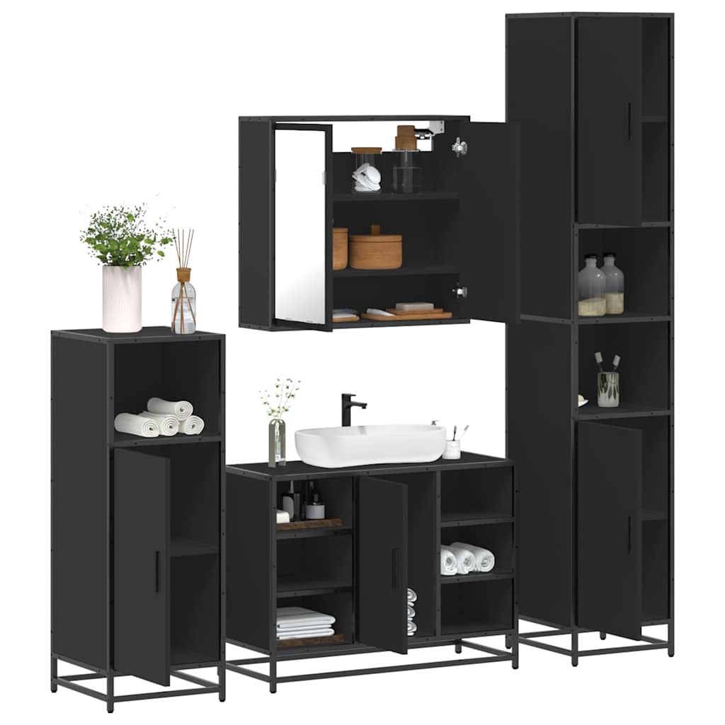 Vetonek Juego de muebles de baño 4 pzas madera contrachapada negro