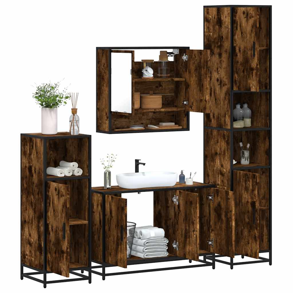 Vetonek Set de muebles baño 4 pzas madera contrachapada roble ahumado