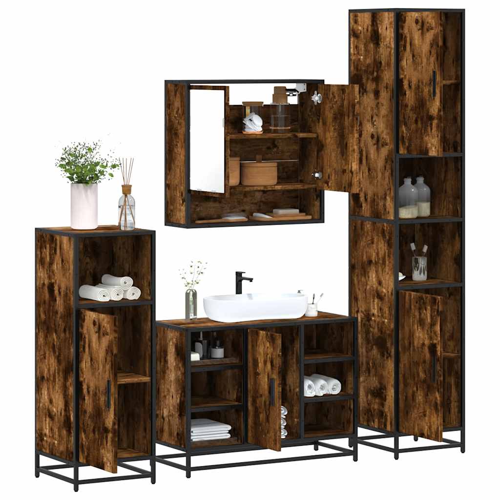 Vetonek Set de muebles baño 4 pzas madera contrachapada roble ahumado