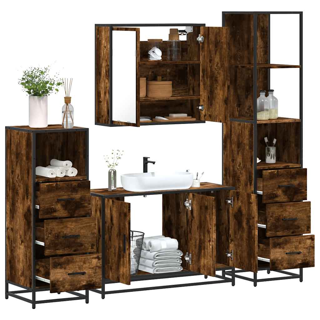 Vetonek Set de muebles baño 4 pzas madera contrachapada roble ahumado