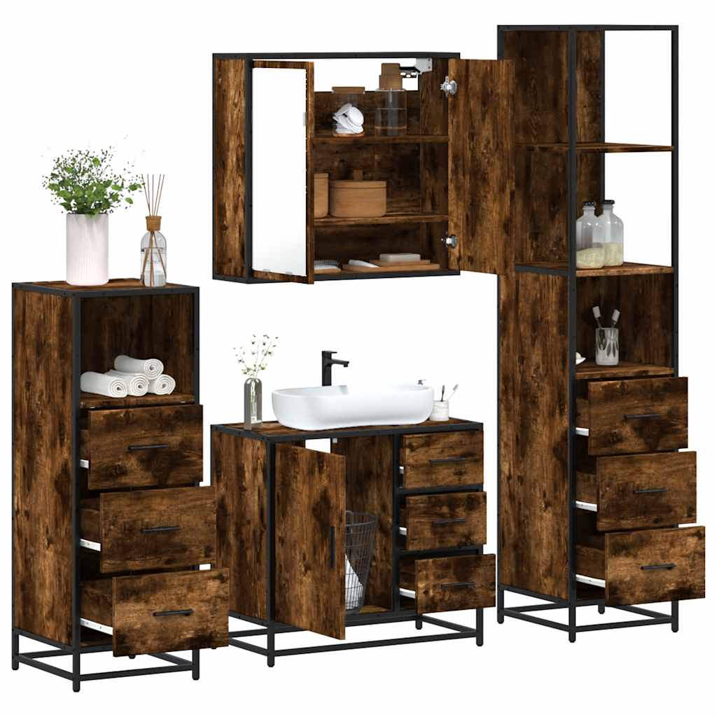 Vetonek Set de muebles baño 4 pzas madera contrachapada roble ahumado