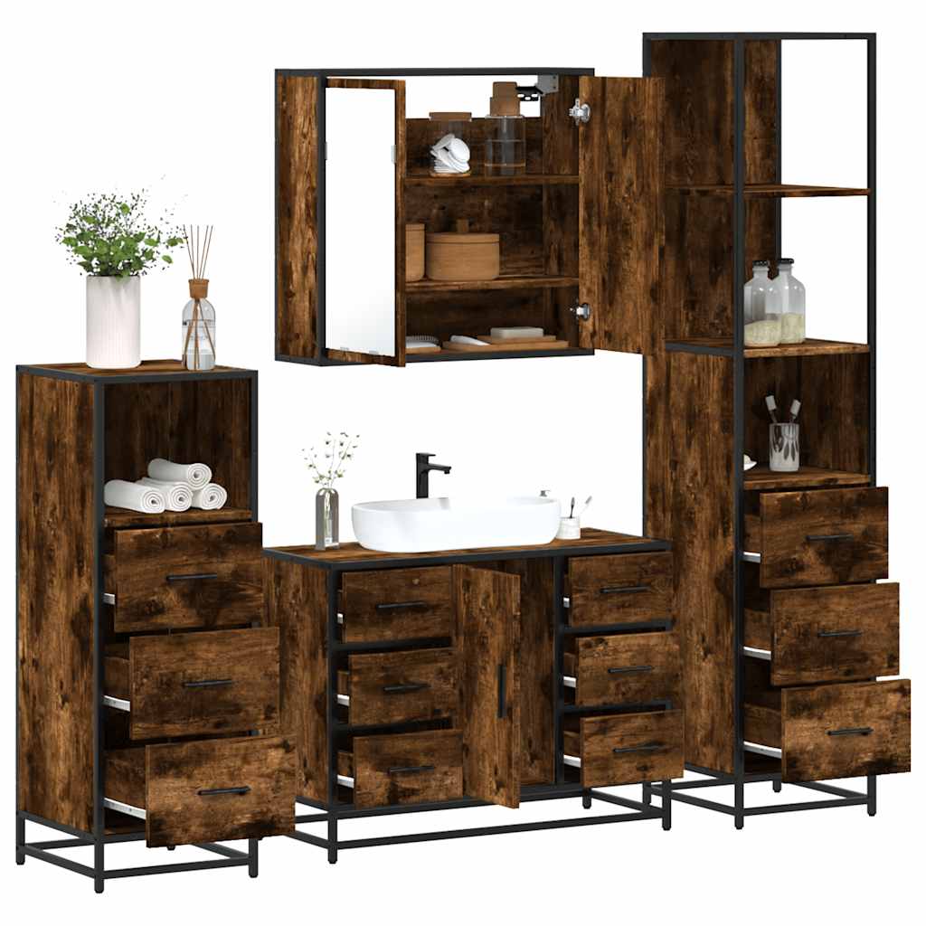 Vetonek Set de muebles baño 4 pzas madera contrachapada roble ahumado