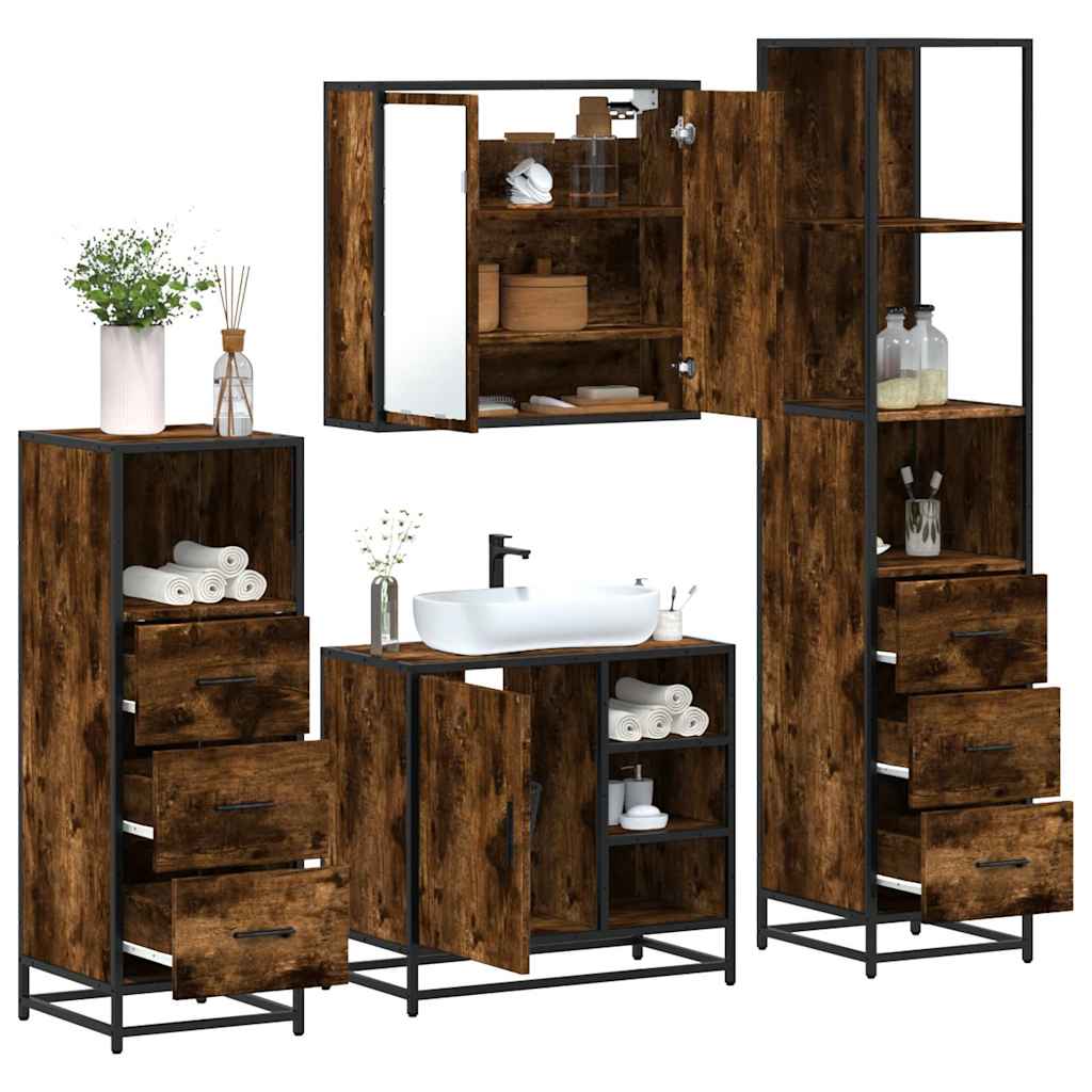 Vetonek Set de muebles baño 4 pzas madera contrachapada roble ahumado