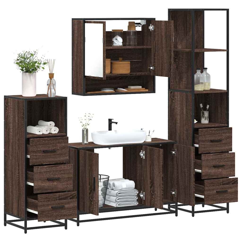 Vetonek Set de muebles baño 4 pzas madera contrachapada roble marrón