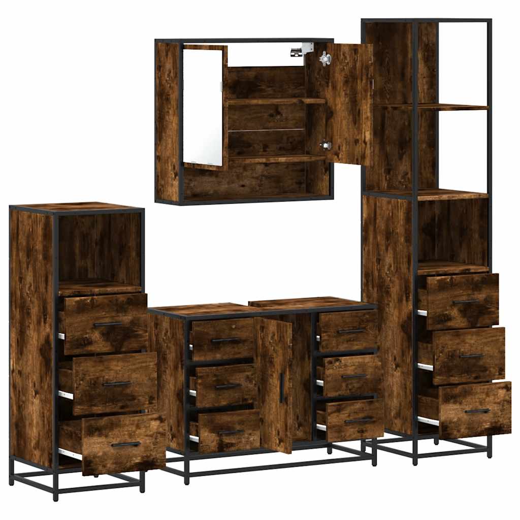 Vetonek Set de muebles baño 4 pzas madera contrachapada roble ahumado