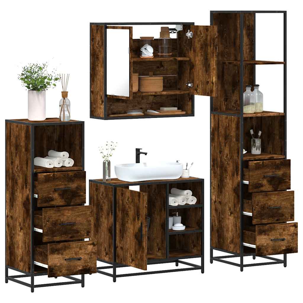 Vetonek Set de muebles baño 4 pzas madera contrachapada roble ahumado