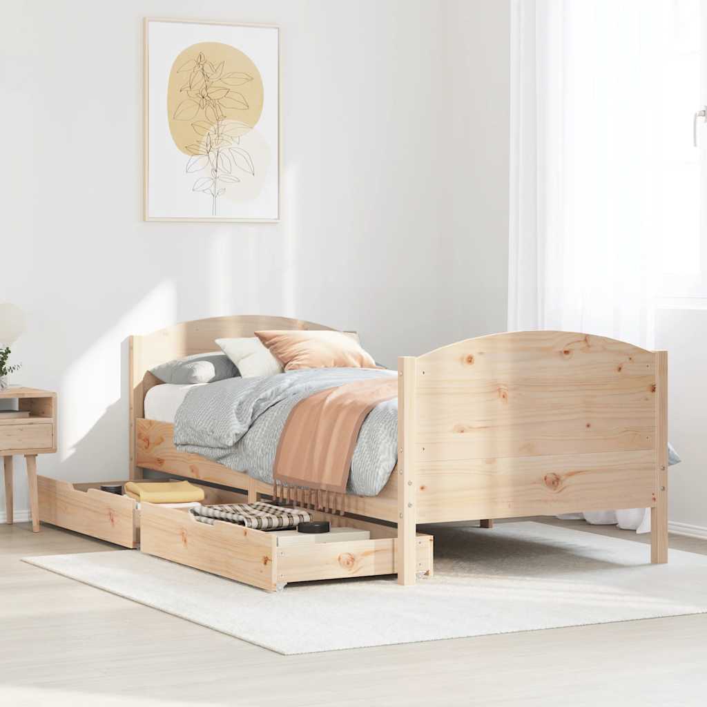 Estructura de cama de madera de pino 90x190 cm con somier y cajones de almacenamiento en un dormitorio moderno.