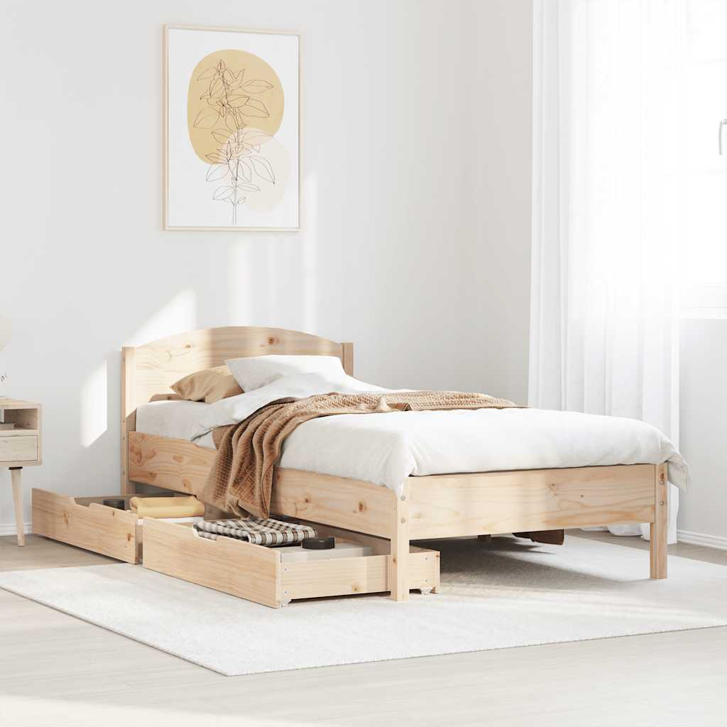 Estructura de cama de madera maciza de pino 100x200 cm con somier y cajones, diseño acogedor para dormitorio.