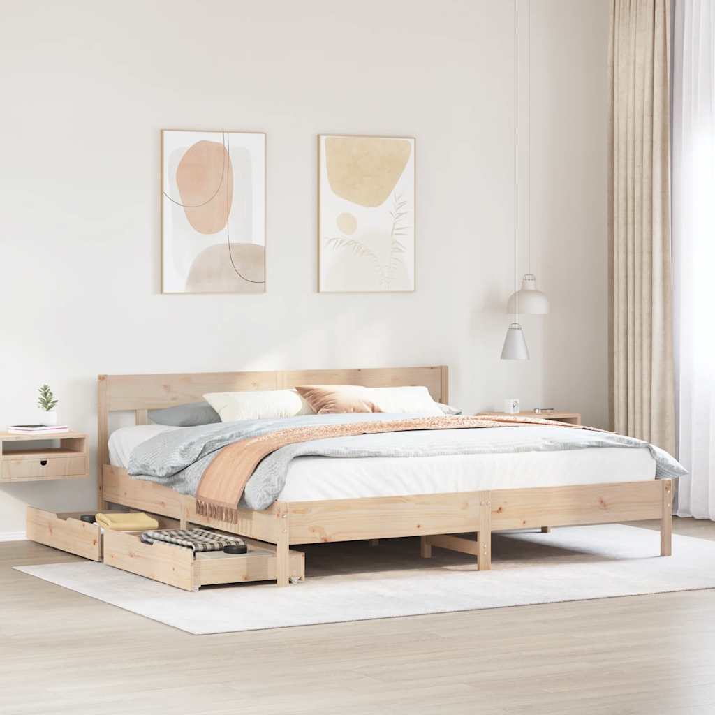 Estructura de cama de madera maciza de pino en un dormitorio elegante, con somier y almacenamiento bajo.