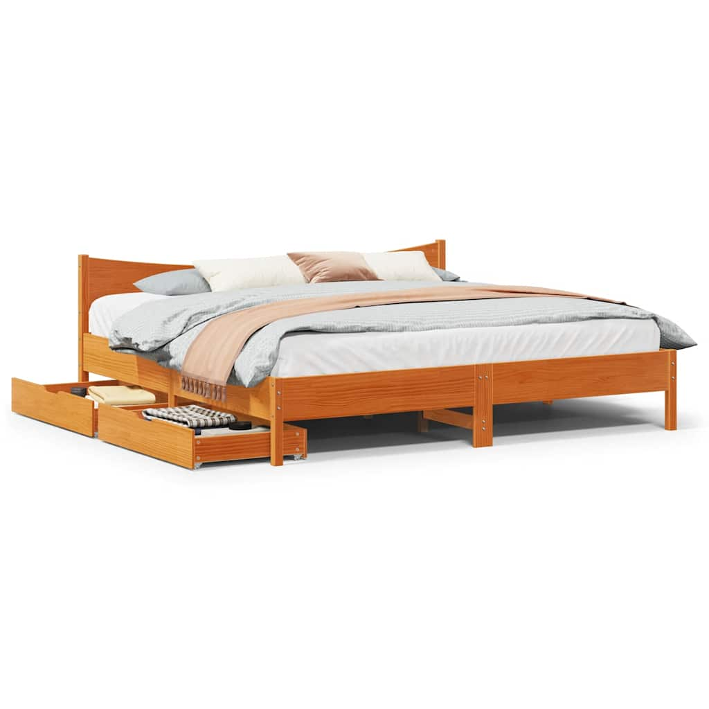 Vetonek Estructura cama con cajones madera pino marrón cera 200x200 cm