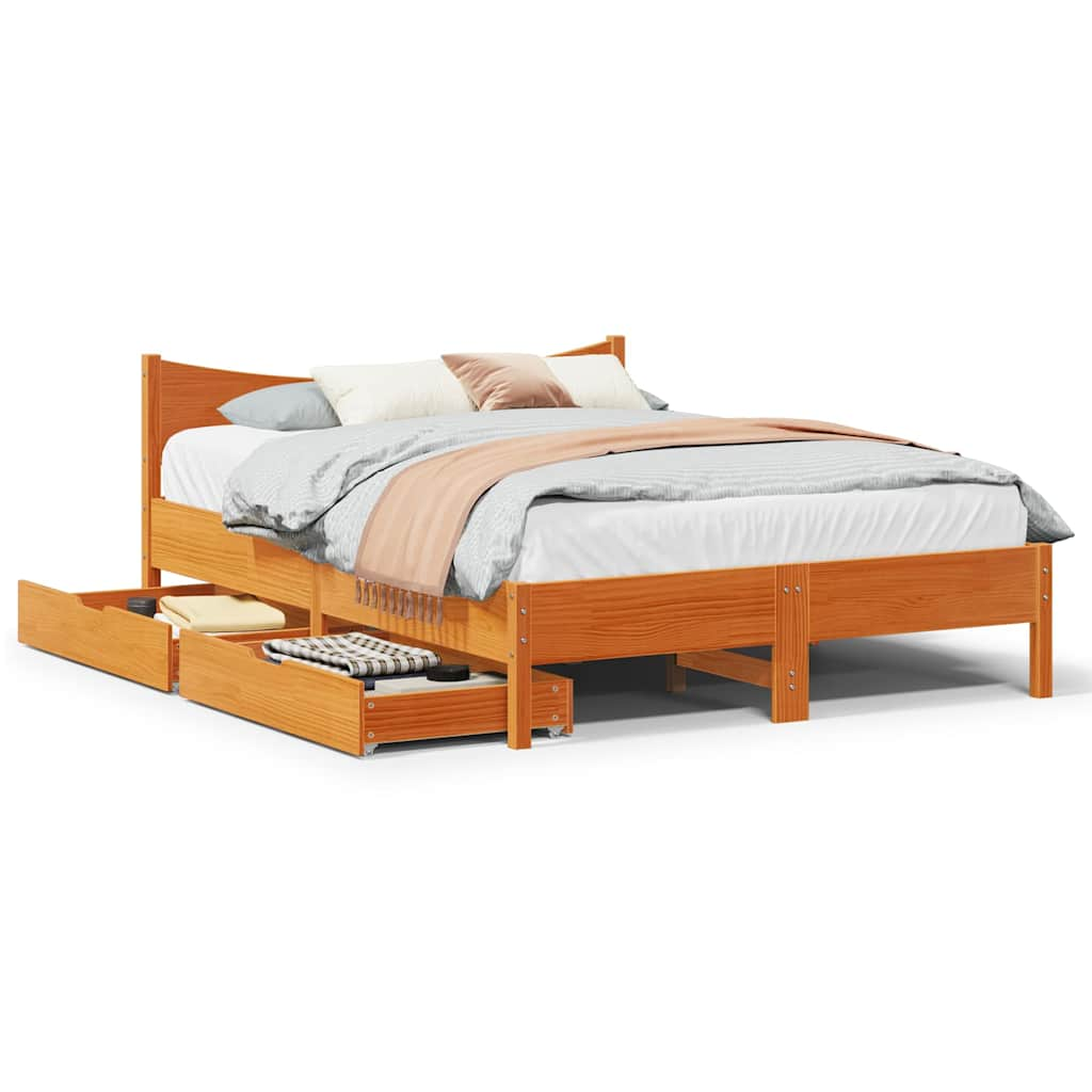 Vetonek Estructura cama con cajones madera pino marrón cera 150x200 cm