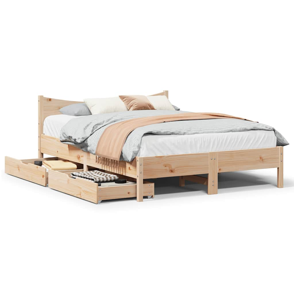 Estructura de cama de madera de pino maciza con cajones, tamaño 140x200 cm, ideal para un dormitorio acogedor.