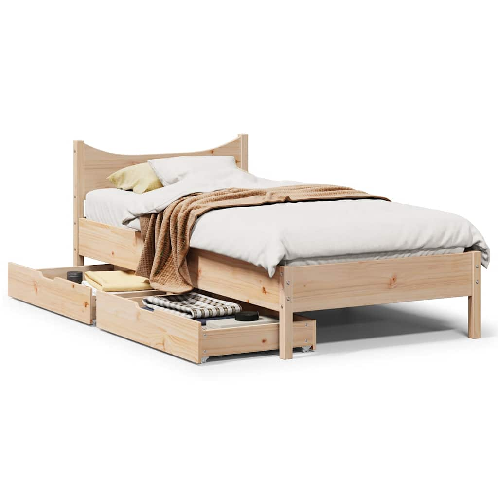 Estructura de cama de pino macizo con cajones, dimensión 100x200 cm, diseño rústico y acogedor para cualquier dormitorio.