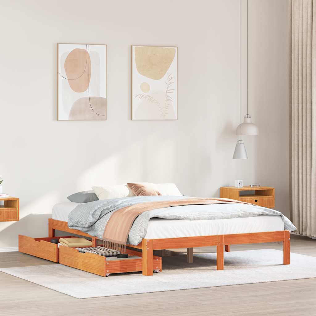 Vetonek Estructura cama con cajones madera pino marrón cera 135x190 cm