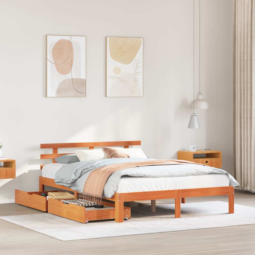 Vetonek Estructura cama con cajones madera pino marrón cera 135x190 cm