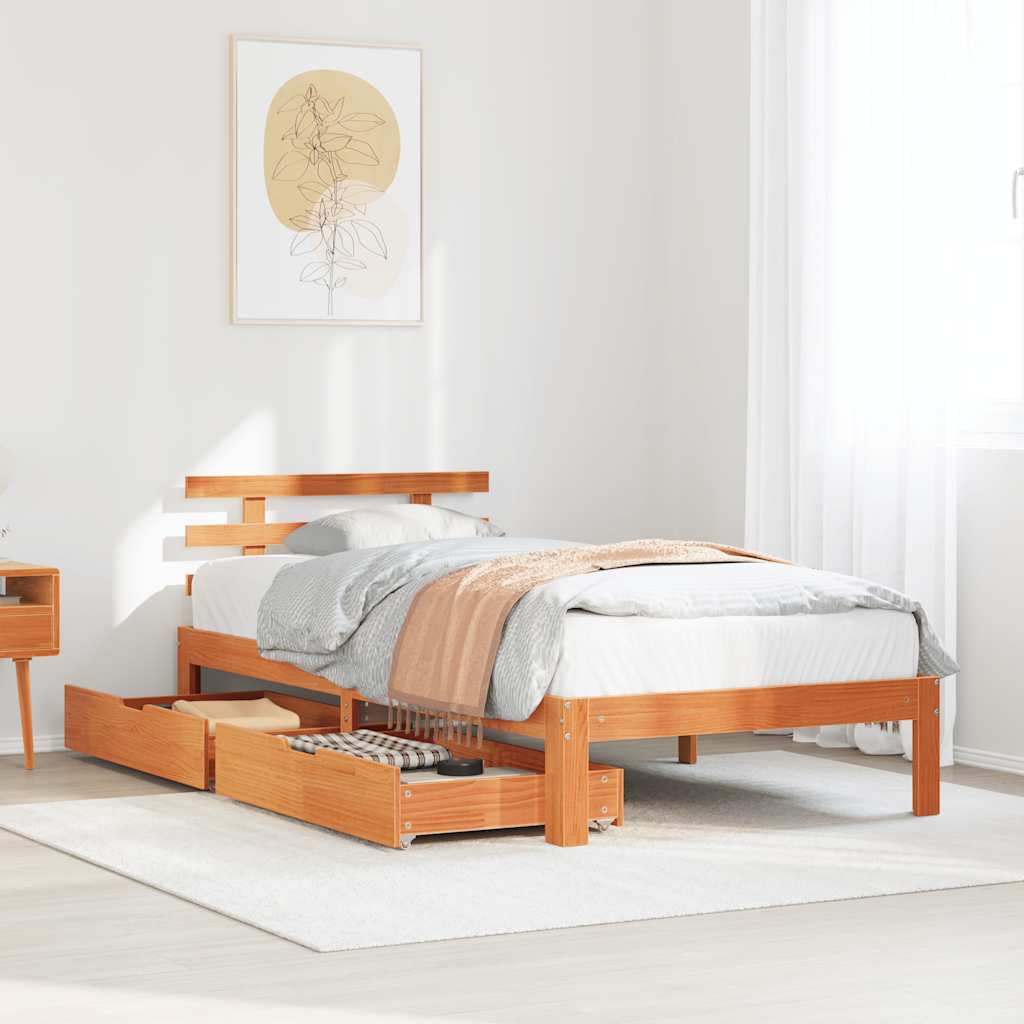 Vetonek Estructura cama con cajones madera maciza pino marrón 90x200 cm