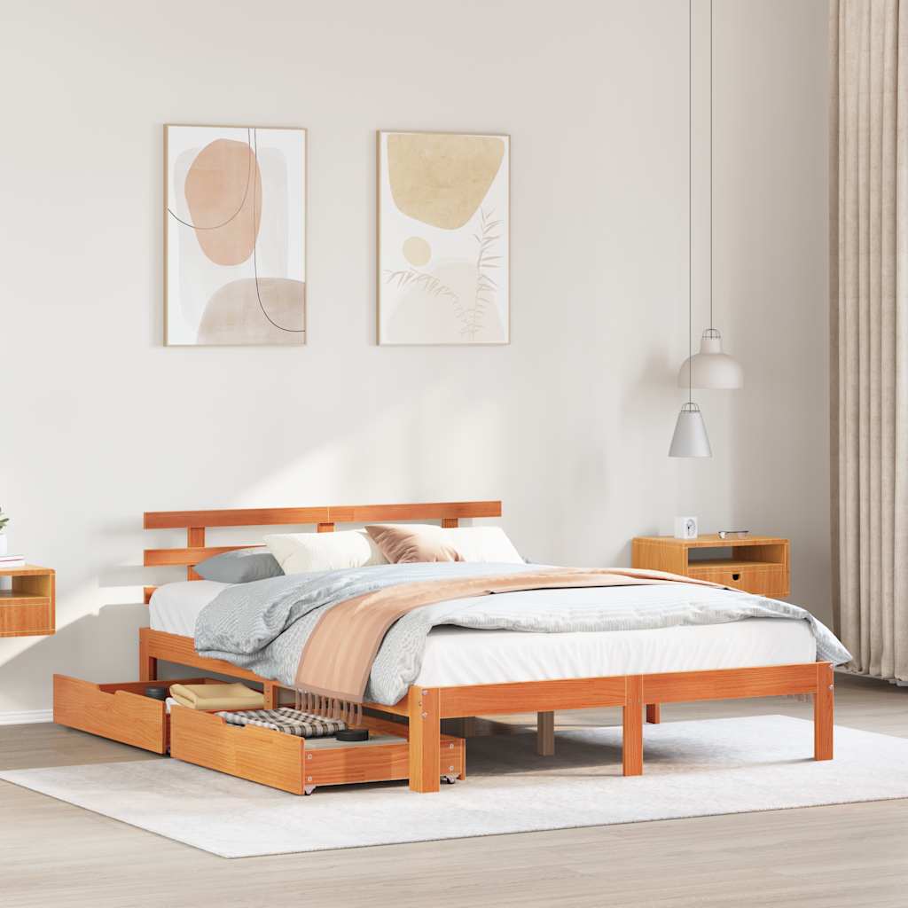 Vetonek Estructura cama con cajones madera pino marrón cera 150x200 cm