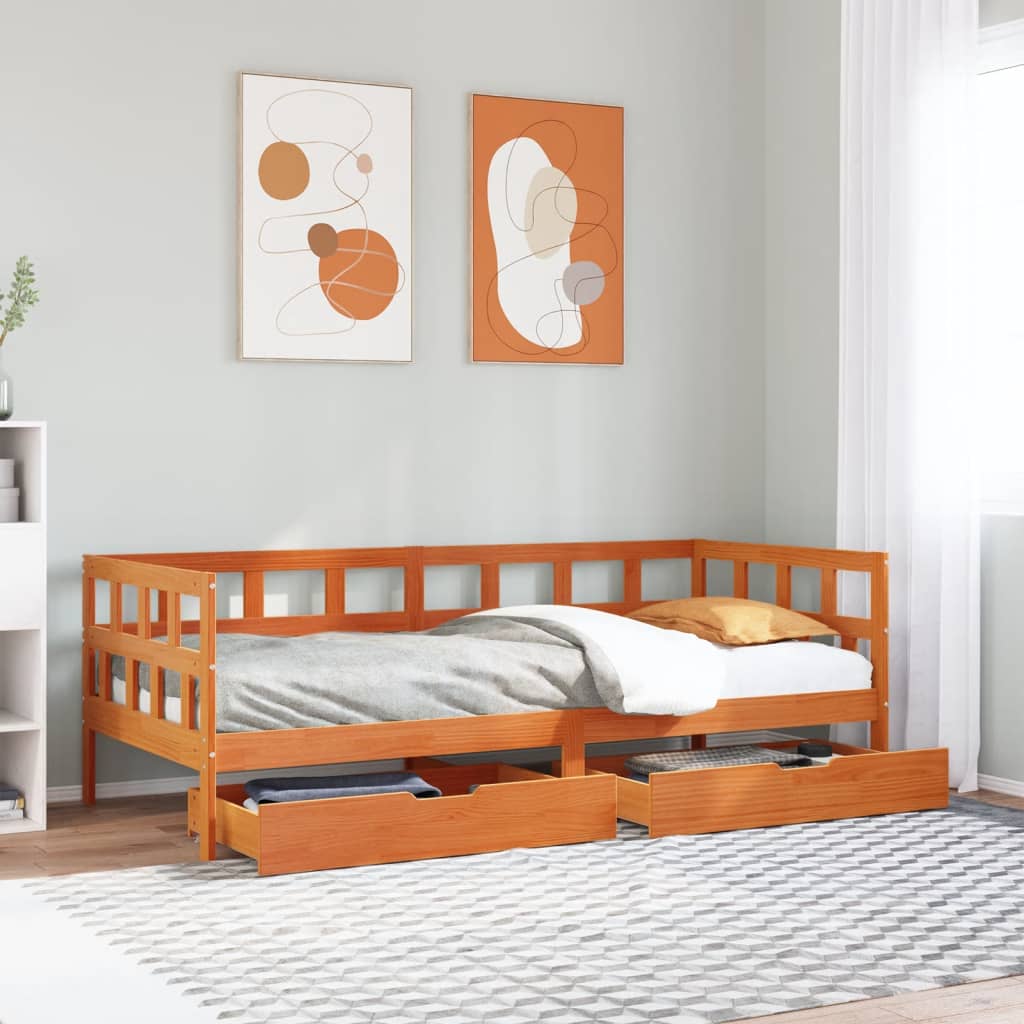 Vetonek Sofá cama con cajones madera maciza pino marrón cera 80x200 cm