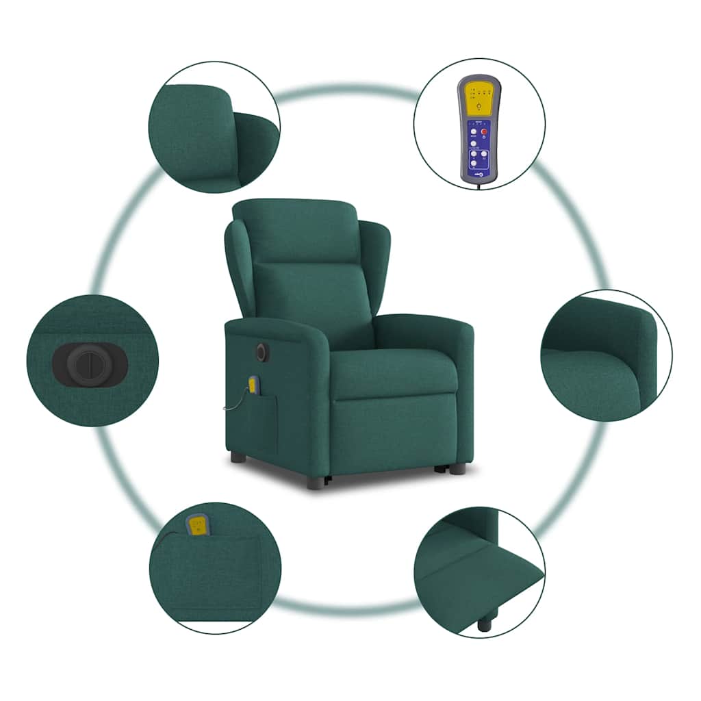 Sillón masaje eléctrico reclinable elevable tela verde oscuro V1526 Vetonek