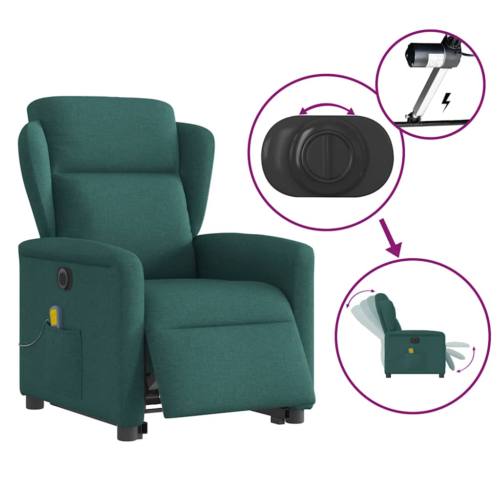 Sillón masaje eléctrico reclinable elevable tela verde oscuro V1526 Vetonek