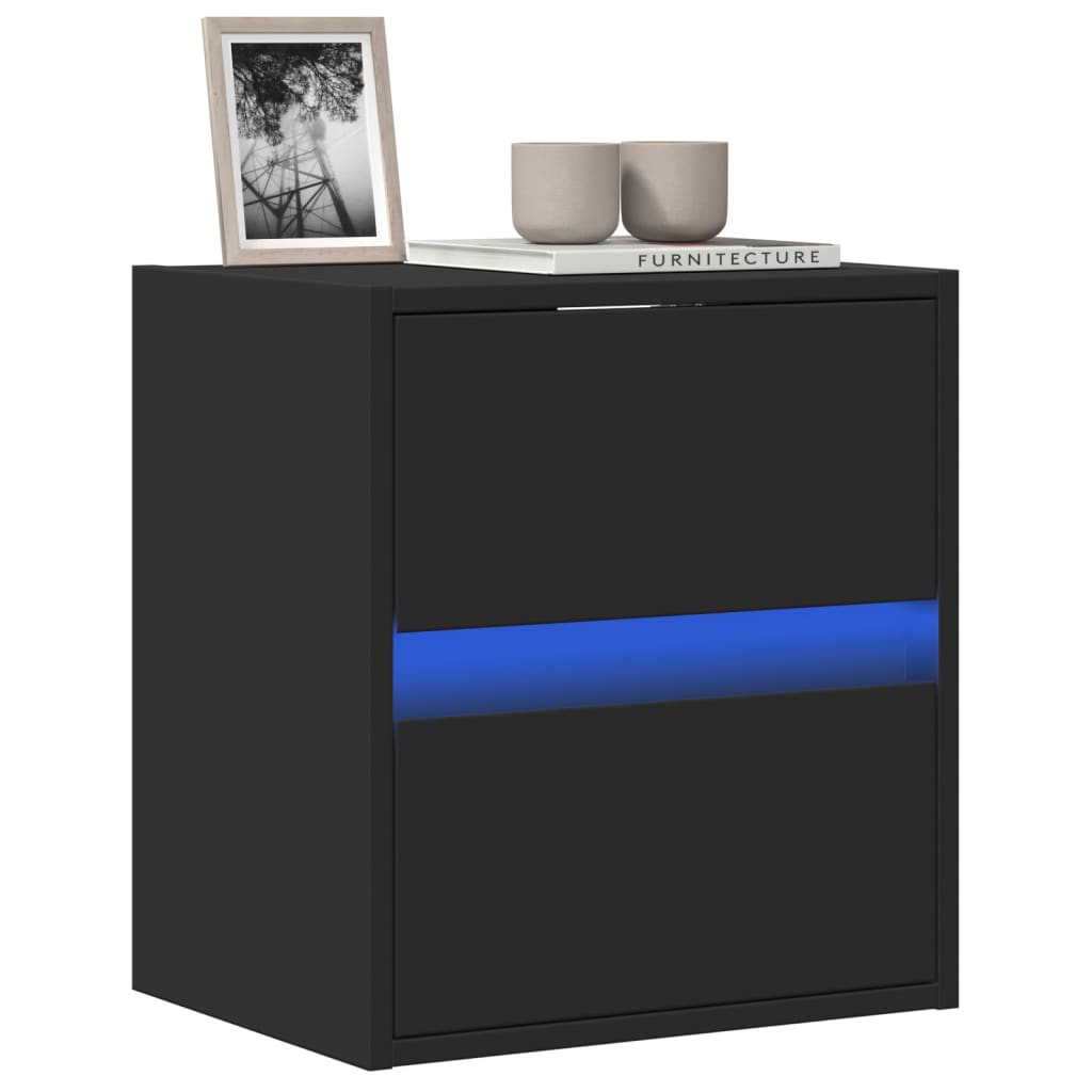 Mueble de TV de pared negro con luces LED azules, superficie lisa, ideal para maximizar el espacio y mantener el suelo despejado.