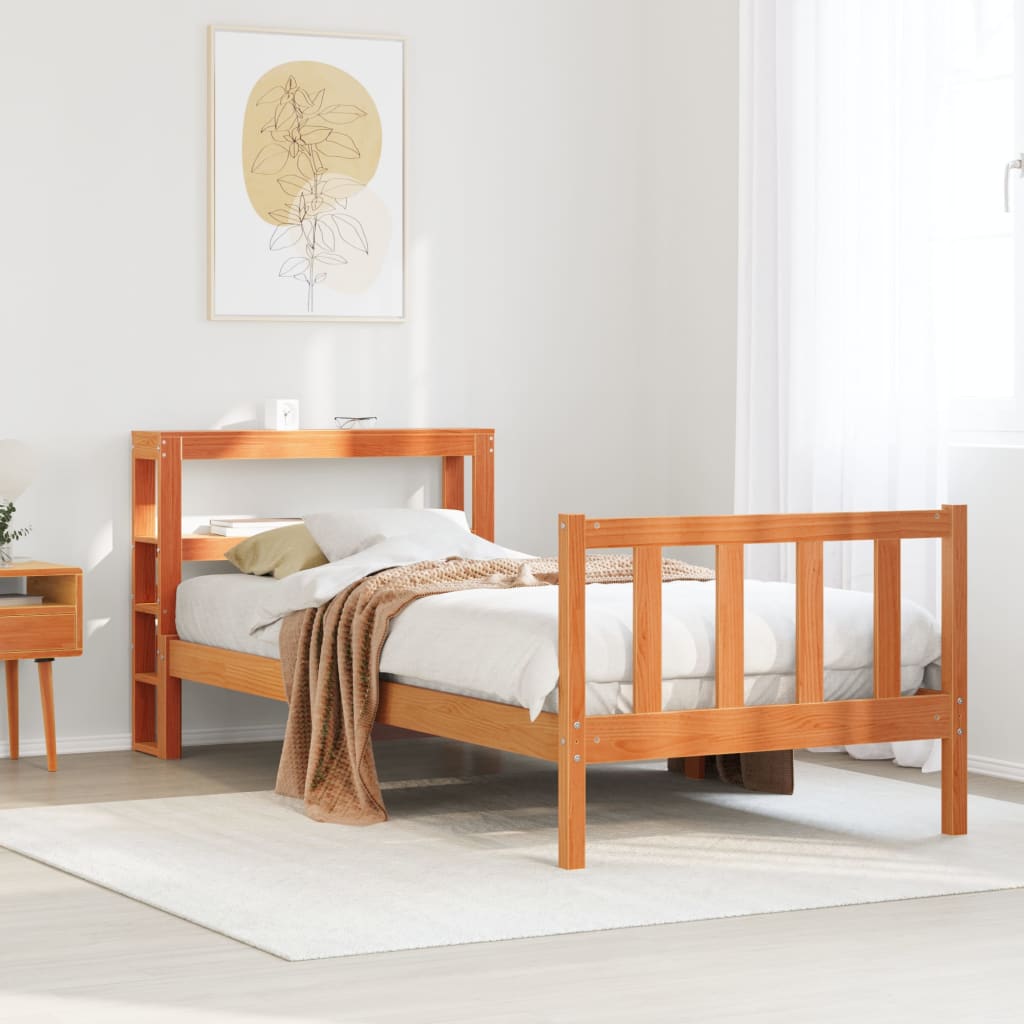 Vetonek Estructura cama con cabecero madera pino marrón cera 90x190 cm