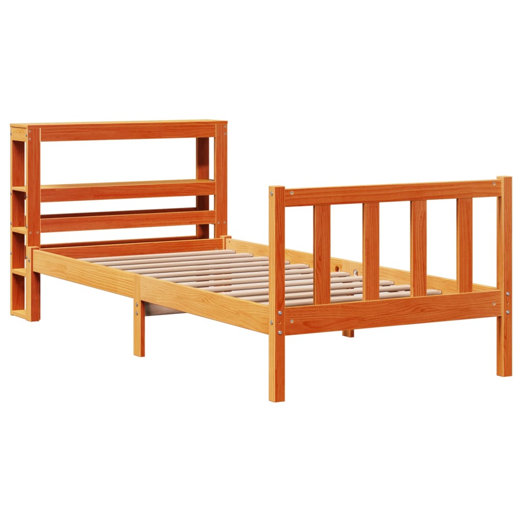 Estructura cama con cabecero madera pino marrón cera 90x200 cm