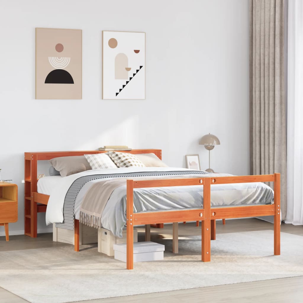 Vetonek Estructura cama con cabecero madera pino marrón cera 120x190 cm