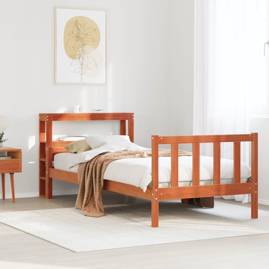 Vetonek Estructura cama con cabecero madera pino marrón cera 90x190 cm