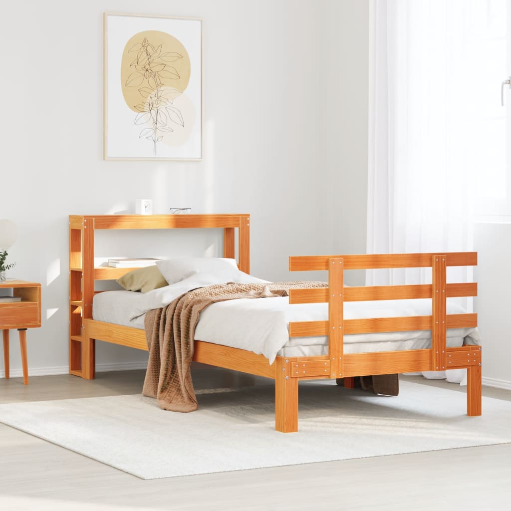 Vetonek Estructura cama con cabecero madera pino marrón cera 90x190 cm