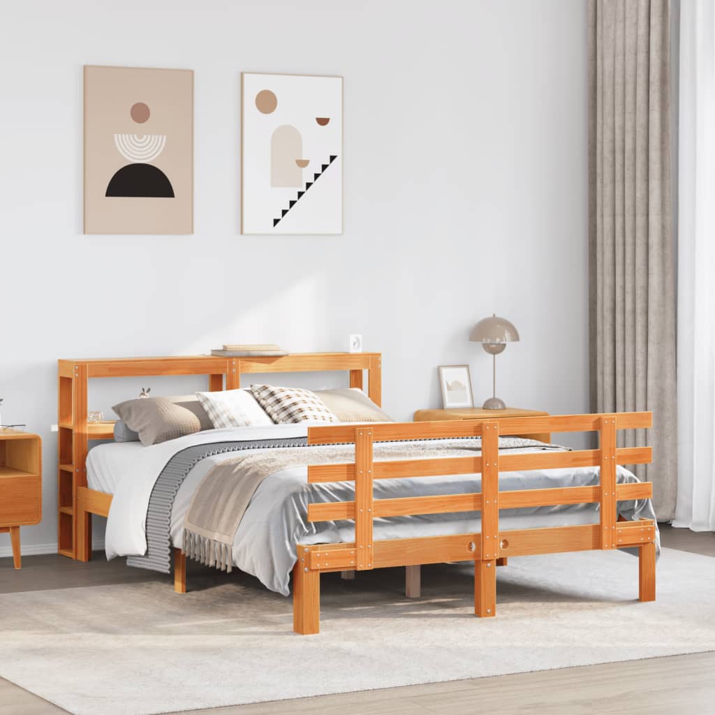 Vetonek Estructura cama con cabecero madera pino marrón cera 135x190 cm