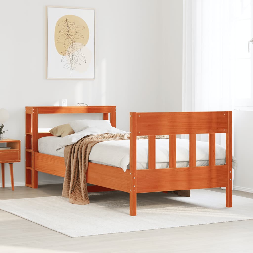 Estructura de cama de madera maciza marrón sin colchón, 90x190 cm, en un acogedor dormitorio moderno.