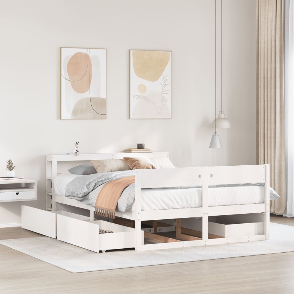 Estructura de cama blanca de madera de pino con somier y almacenamiento sencillo en un dormitorio moderno.