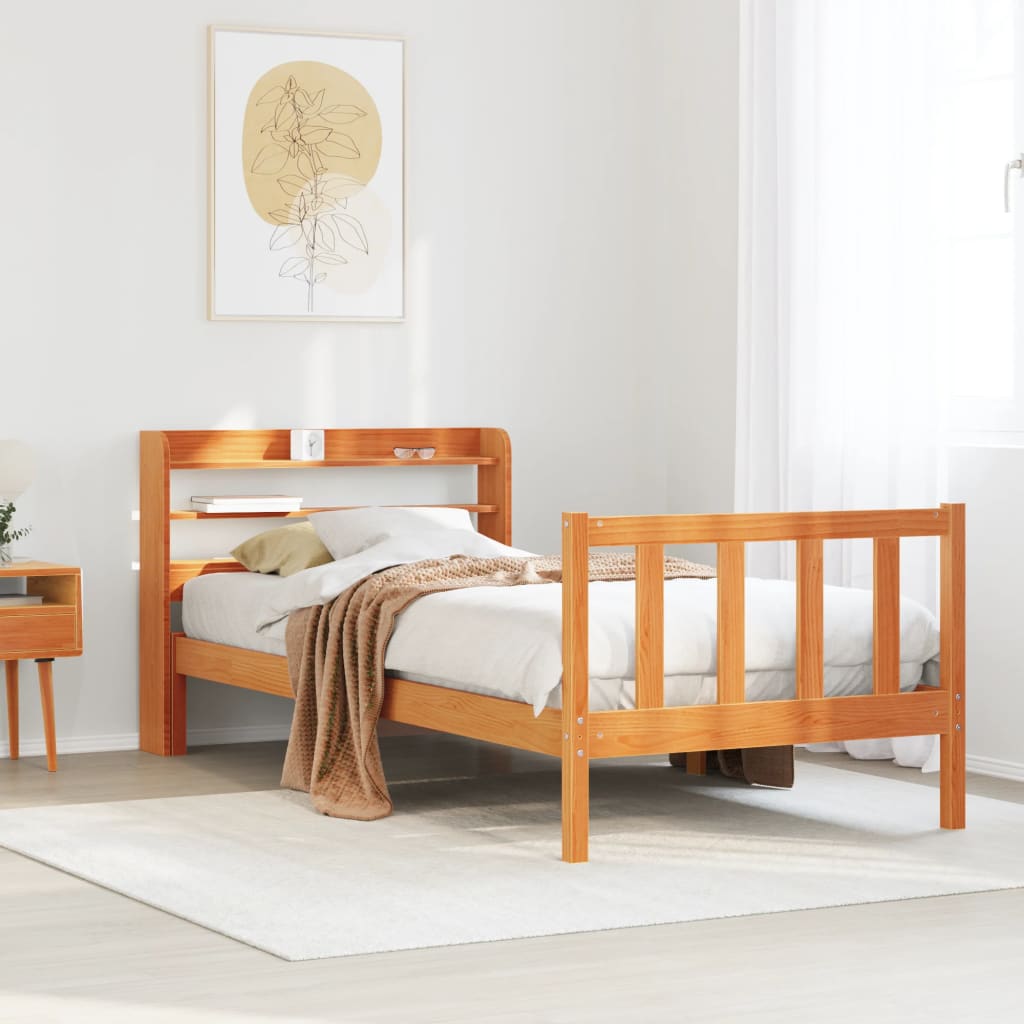 Vetonek Estructura cama con cabecero madera pino marrón cera 90x190 cm