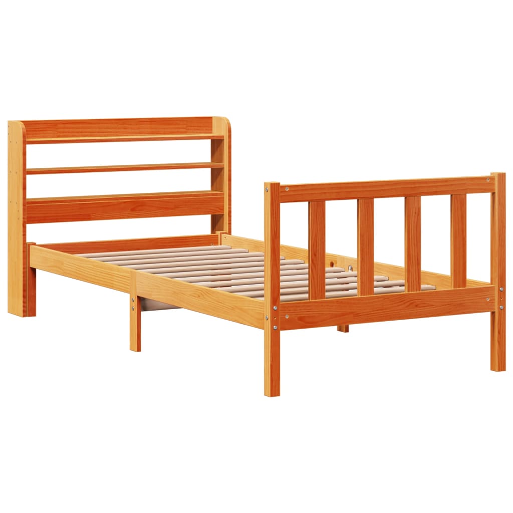 Estructura cama con cabecero madera pino marrón cera 90x200 cm