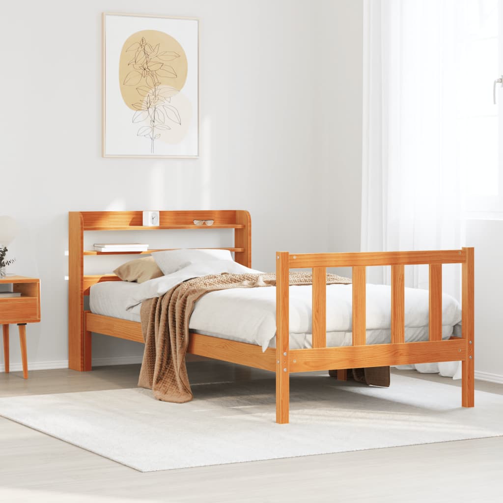 Vetonek Estructura cama con cabecero madera pino marrón cera 90x200 cm