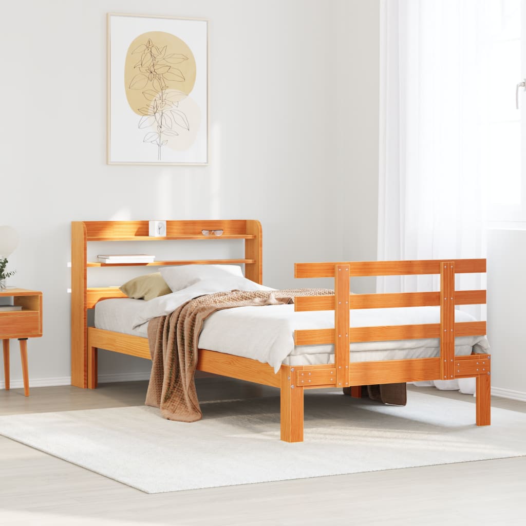 Vetonek Estructura cama con cabecero madera pino marrón cera 90x190 cm