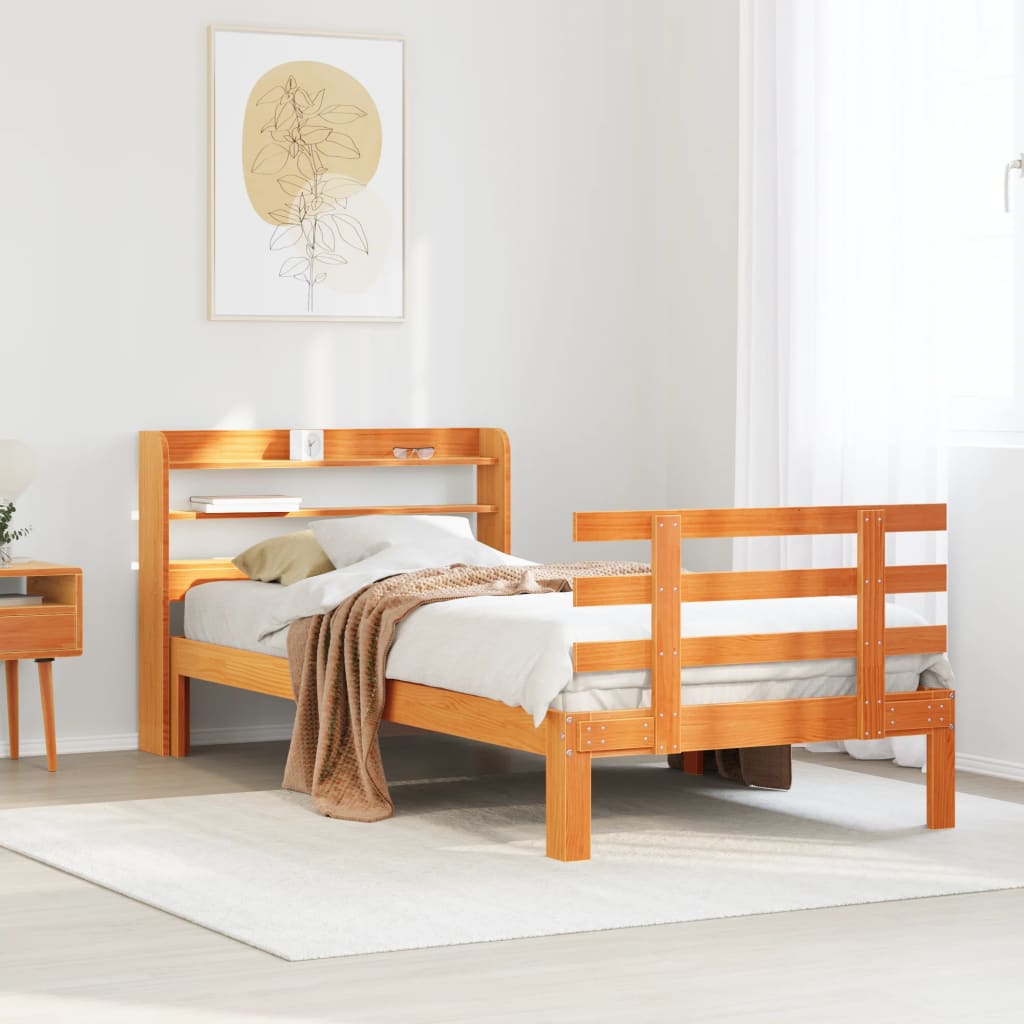 Vetonek Estructura cama con cabecero madera pino marrón cera 90x200 cm