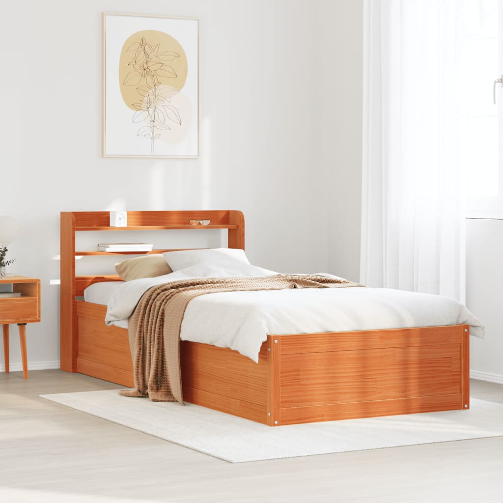 Estructura cama con cabecero madera pino marrón cera 90x200 cm