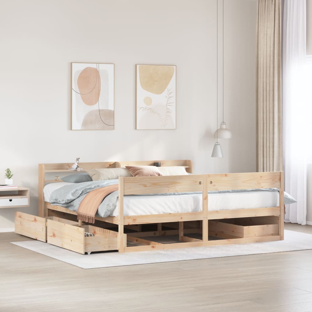 Estructura de cama de madera maciza de pino 180x200 cm con somier y cajones, ideal para un dormitorio acogedor.