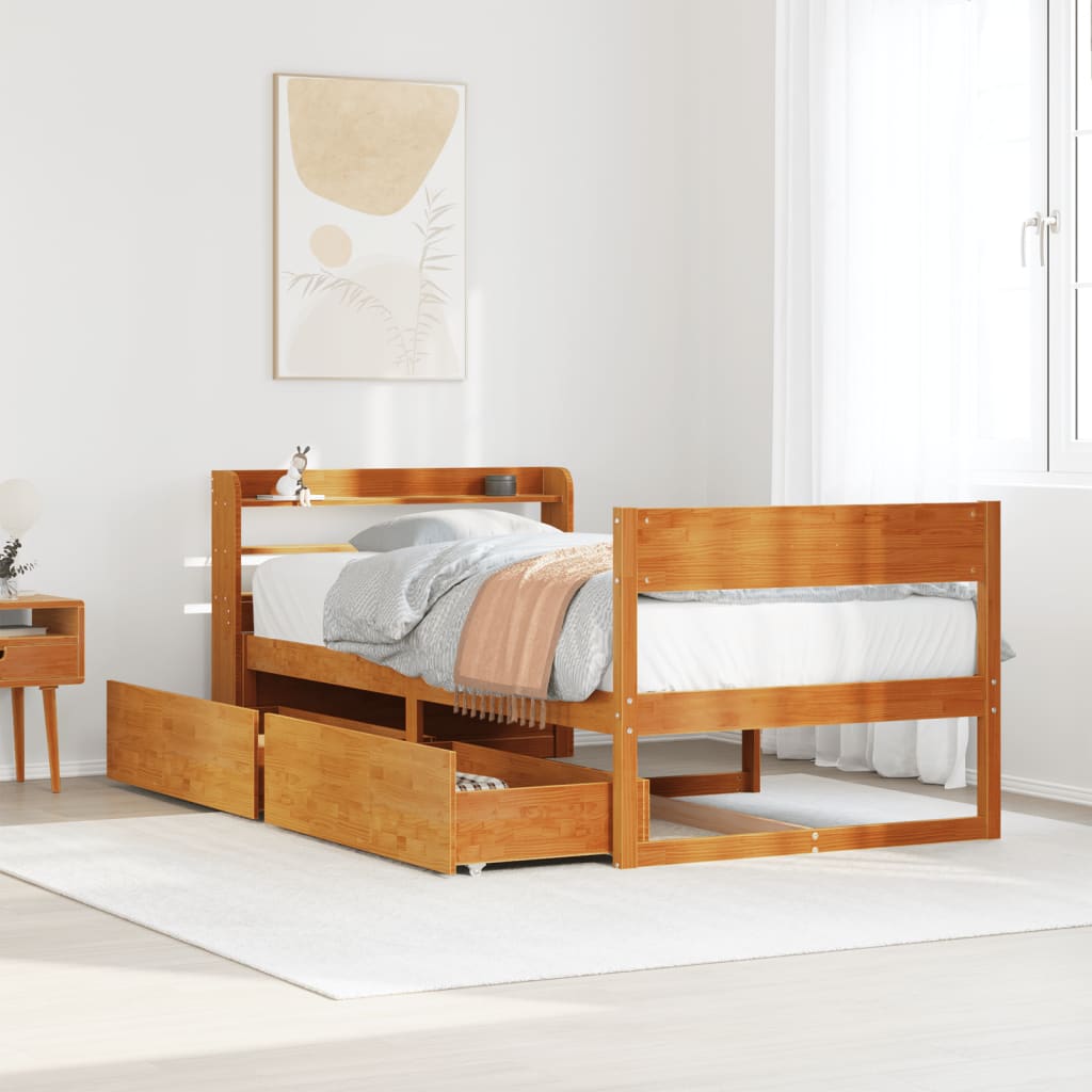 Estructura de cama de madera maciza marrón 90x190 cm con somier y almacenamiento en un dormitorio moderno.