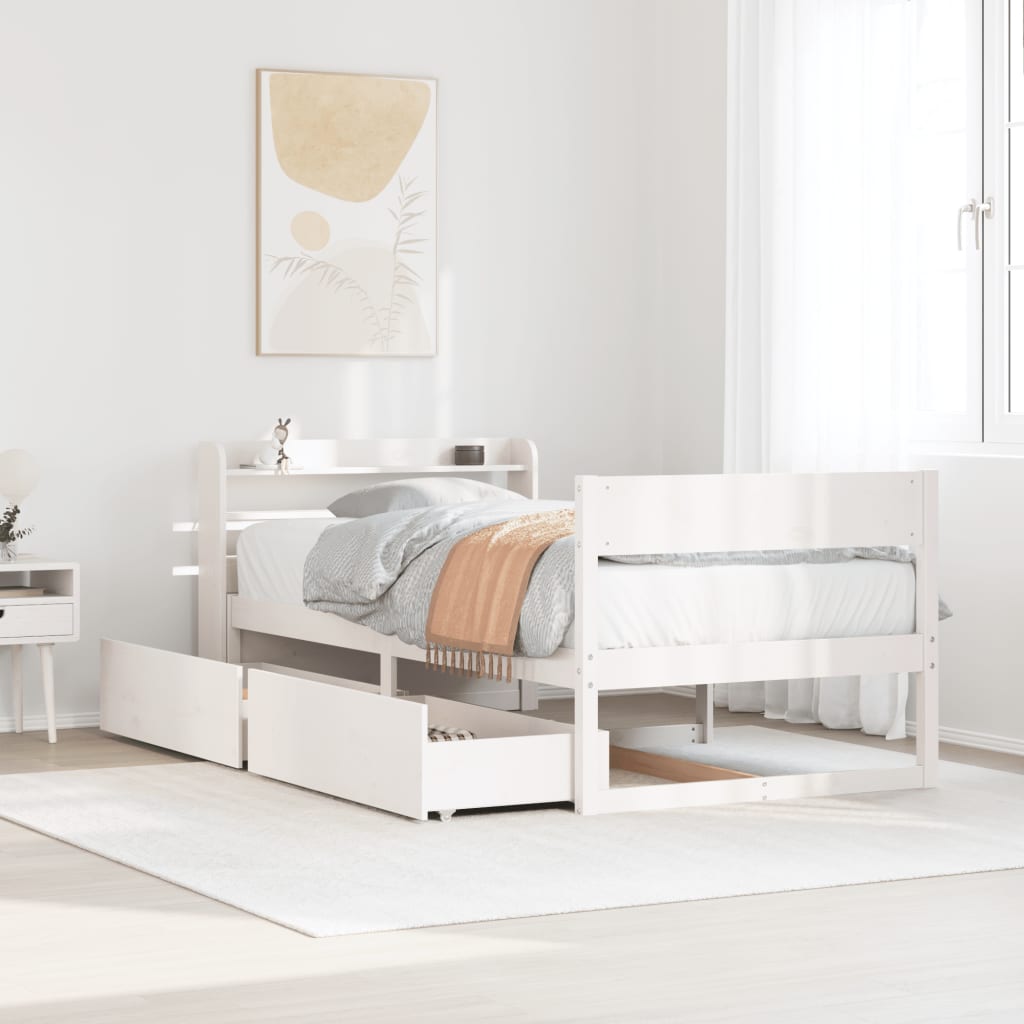 Estructura de cama blanca de madera maciza con almacenamiento en un dormitorio moderno y luminoso.