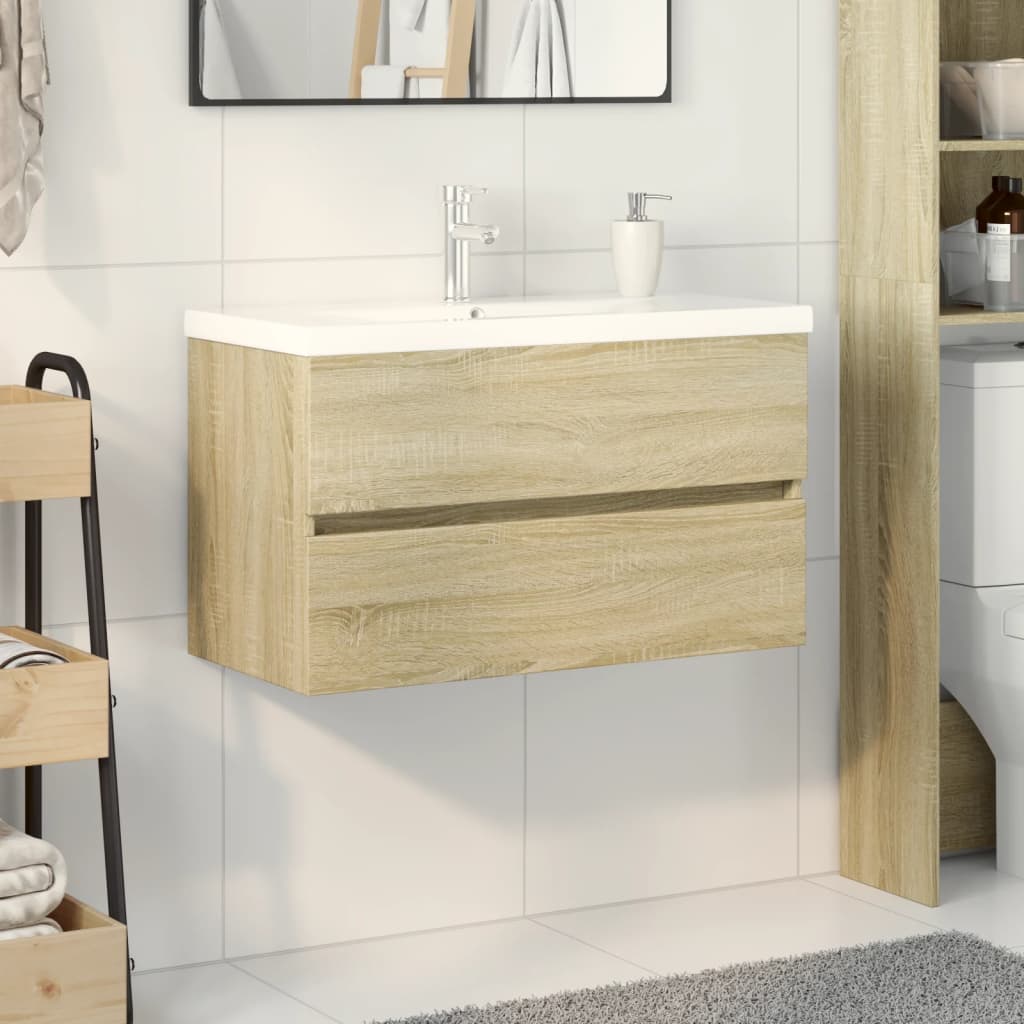 Vetonek Set de mueble de baño 2 piezas cerámica y madera de ingeniería